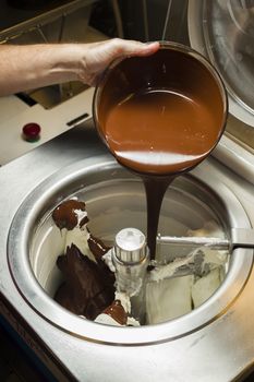 Ice cream preparation with different tools, ingredients, and machines
