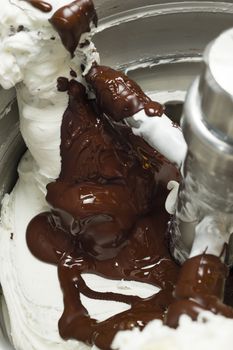 Ice cream preparation with different tools, ingredients, and machines