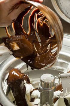 Ice cream preparation with different tools, ingredients, and machines