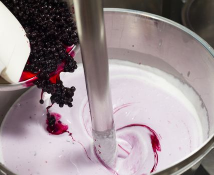 Ice cream preparation with different tools, ingredients, and machines