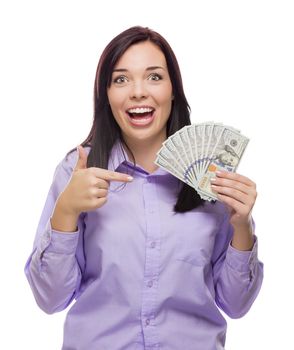 Excited Mixed Race Woman Holding the Newly Designed United States One Hundred Dollar Bills Isolated on a White Background.