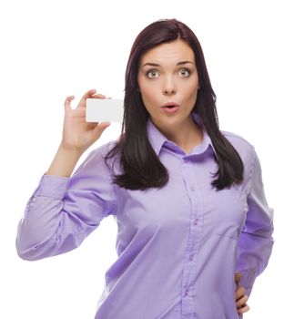 Stunned Mixed Race Woman Holding Blank Business Card Isolated on a White Background.