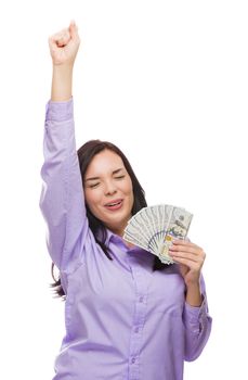 Excited Mixed Race Woman Holding the Newly Designed United States One Hundred Dollar Bills Isolated on a White Background.