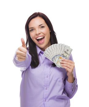 Excited Mixed Race Woman Holding the Newly Designed United States One Hundred Dollar Bills Isolated on a White Background.