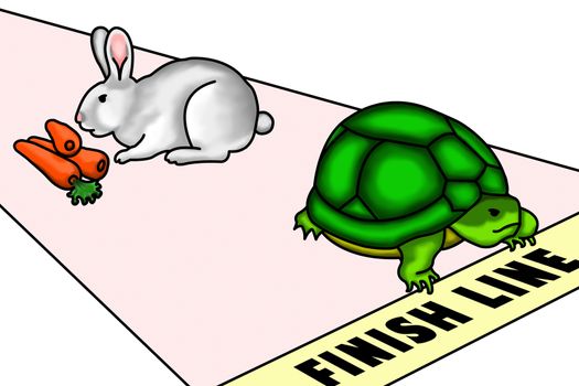 An illustration of a race between a rabbit and a turtle. Despite of being slow, the turtle win the race because the rabbit was distracted and stopped for sometime to eat some carrots in the way. A concept about concentration and focus on your goal to win in life. 