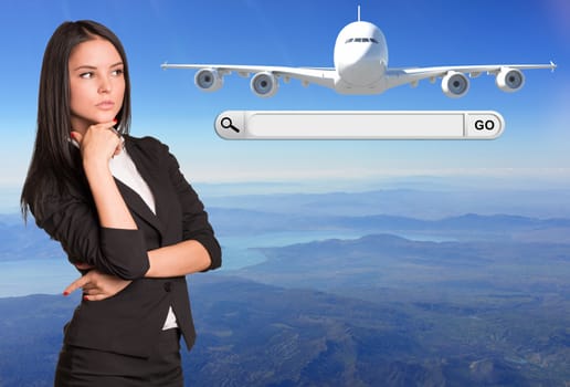 Thoughtful businesswoman and search string with passenger airplane. Sky as backdrop