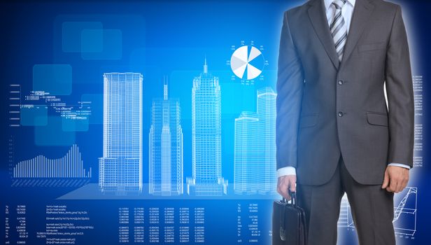 Businessman in suit stands and holds suitcase. Glowing wire-frame buildings on transparent plane as backdrop