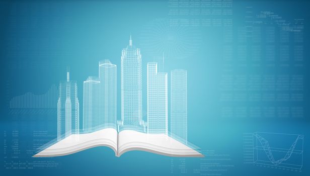 Glowing wire-frame buildings on open empty book. Graphs and text rows as backdrop