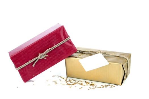 Golden and red christmas gift box  with blank card