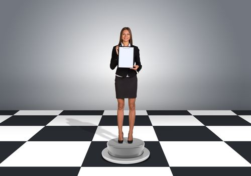 Beautiful businesswoman holding folder. Floor with checkerboard texture and gray wall