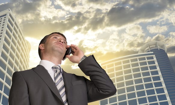 Businessman talking on the phone. Skyscrapers and clouds in background