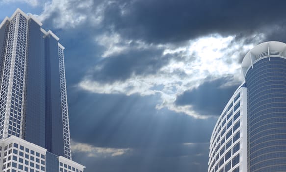 Skyscrapers and evening sky with clouds. Architecture background