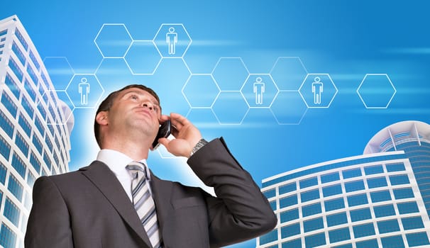 Businessman talking on the phone. Skyscrapers, sky and hexagons with people icons in background