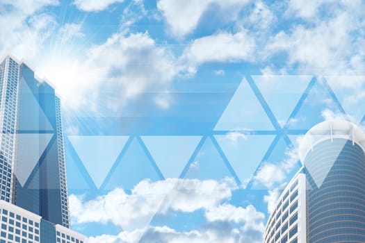 Skyscrapers and sky with transparent triangles. Architecture background