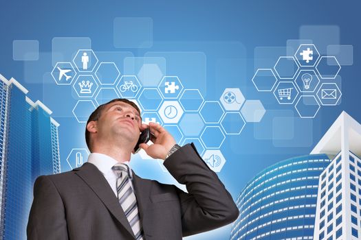 Businessman talking on the phone. Skyscrapers, sky and hexagons with icons in background