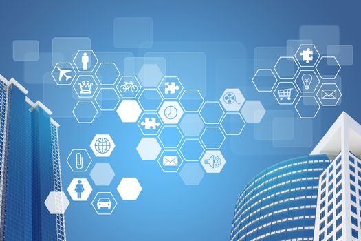 Skyscrapers and hexagons with icons. Architecture background