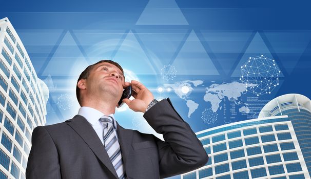 Businessman talking on the phone. Skyscrapers, sky and transparent triangles with circles in background