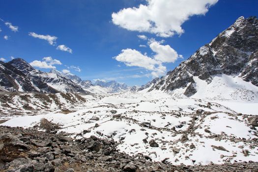 Movement of the clouds on the mountains Everest, Gyazumba Glacier, Himalayas, Nepal