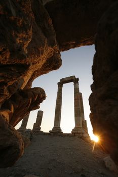 The Ruins of the citadel Jabel al Qalah in the City Amman in Jordan in the middle east.
