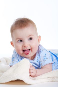 portrait of sweet little baby girl with a blanket - isolated on white