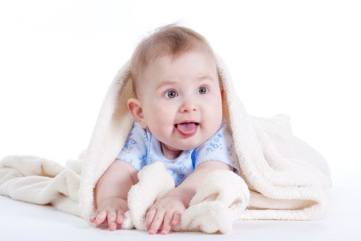 portrait of sweet little baby girl with a blanket - isolated on white