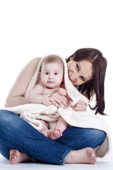 portrait of mother with her little baby girl -isolated on white