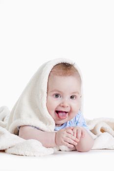 portrait of sweet little baby girl with a blanket - isolated on white