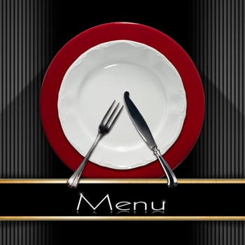 Restaurant menu with empty and white plate on red underplate with silver cutlery, fork and knife on grey and black background with black band