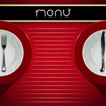 Restaurant menu with two empty and white plates on red underplates with silver cutlery, fork and knife on red velvet background with white lines