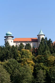 view on castle Nowy Wisnicz in Poland on a background of blue sky