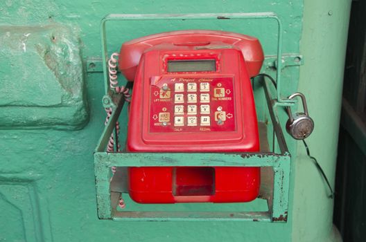 retro red classic telephone in asia street, Mumbai Bombay,India