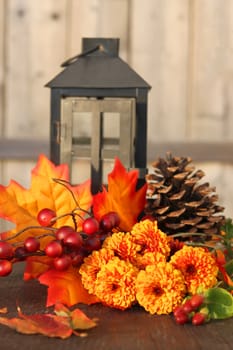 Fall or autumn flowers, pine cone and berries with orange leaves and lantern on a vintage wooden background