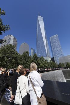 New York City, USA - September 27, 2014 : NYC's September 11 Memorial  in New York Downtown. The memorial was dedicated on the 10th anniversary of the Sept. 11, 2001 attacks.