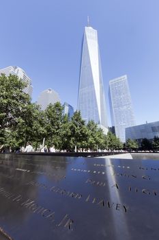 New York City, USA - September 27, 2014 : NYC's September 11 Memorial  in New York Downtown. The memorial was dedicated on the 10th anniversary of the Sept. 11, 2001 attacks.