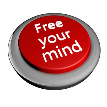 "Free your mind" words over red button isolated over white, 3d render