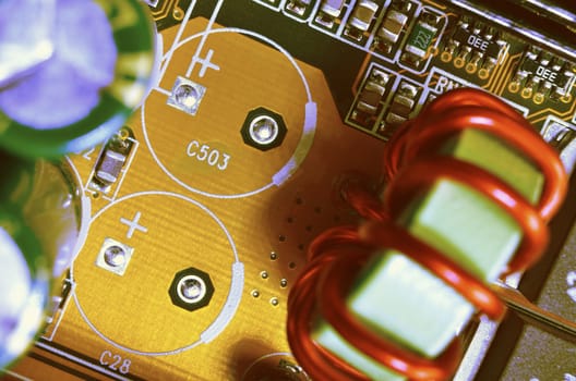 closeup of vintage PC motherboard, shallow DOF; focus on board surface
