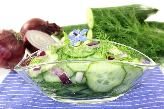 a bowl of cucumber salad with dill and red onions