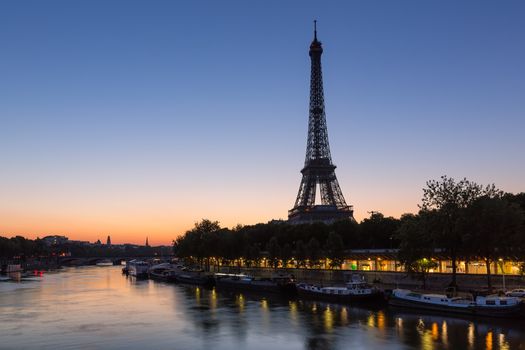 Eiffel Tower and Seine River before Dawn in Paris, France