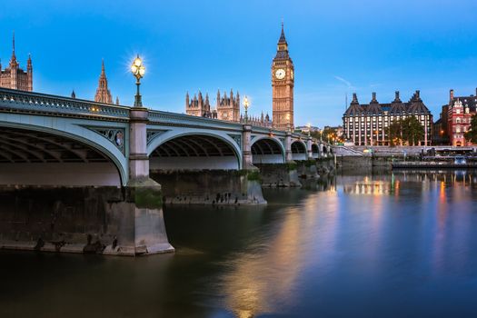 Big Ben, Queen Elizabeth Tower and Wesminster Bridge Illuminated in the Morning, London, United Kingdom