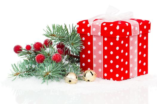christmas red gift with branch firtree, isolated over white