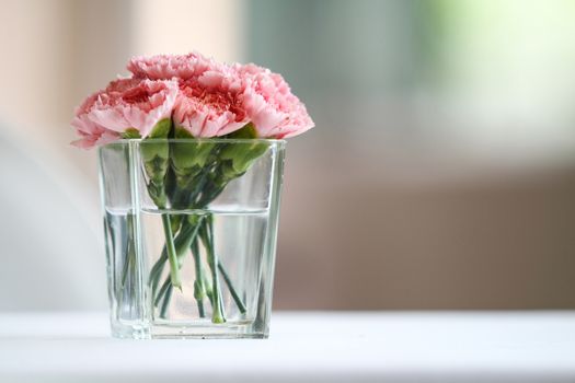 Bouquet of carnation flowers in glass vase