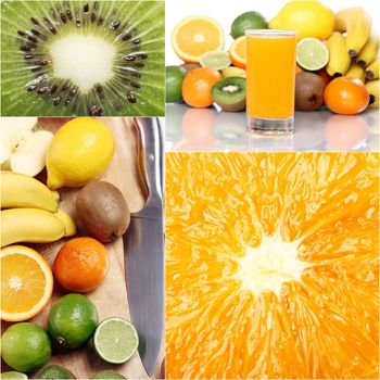 Collage of many tasty fruits and a glass of juice