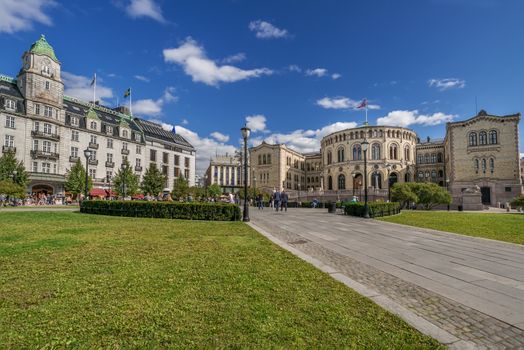 OSLO, NORWAY - AUGUST 28: The Storting is supreme legislature of Norway, pictured on August 28, 2014. Parliament was established by Constitution of Norway in 1814 and is designed by Emil Victor Langlet.