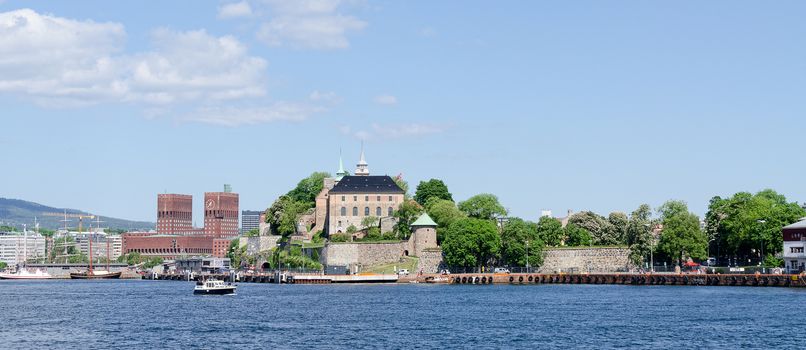 View on Oslo Fjord harbor and Akershus Fortress, Oslo, Norway