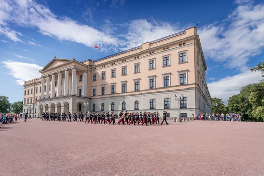 OSLO - AUGUST 28: In Oslo, His Majesty King's Guard keeps The Royal Palace and Royal Family guarded 24 hours day. Every day at 1330 hrs, there is Change of Guards outside Palace. Pictured on August 28, 2014