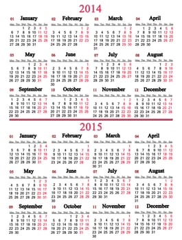 office calendar for 2014 - 2015 years on white background
