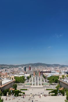 Montjuic columns and fountain on Plaza de Espana in Barcelona, Spain