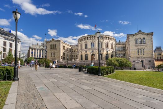 OSLO, NORWAY - AUGUST 28: The Storting is supreme legislature of Norway, pictured on August 28, 2014. Parliament was established by Constitution of Norway in 1814 and is designed by Emil Victor Langlet.