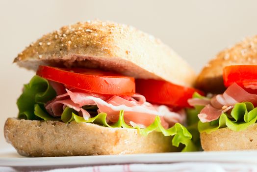 Prosciutto sandwich on plate close up. Selective focus, shallow DOF