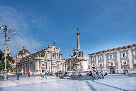 CATANIA, ITALY - APRIL 4: Piazza del Duomo in Catania with Cathedral of Santa Agatha on April 4, 2014 in Catania, Sicily, Italy. Catania founded in the 8th century BC